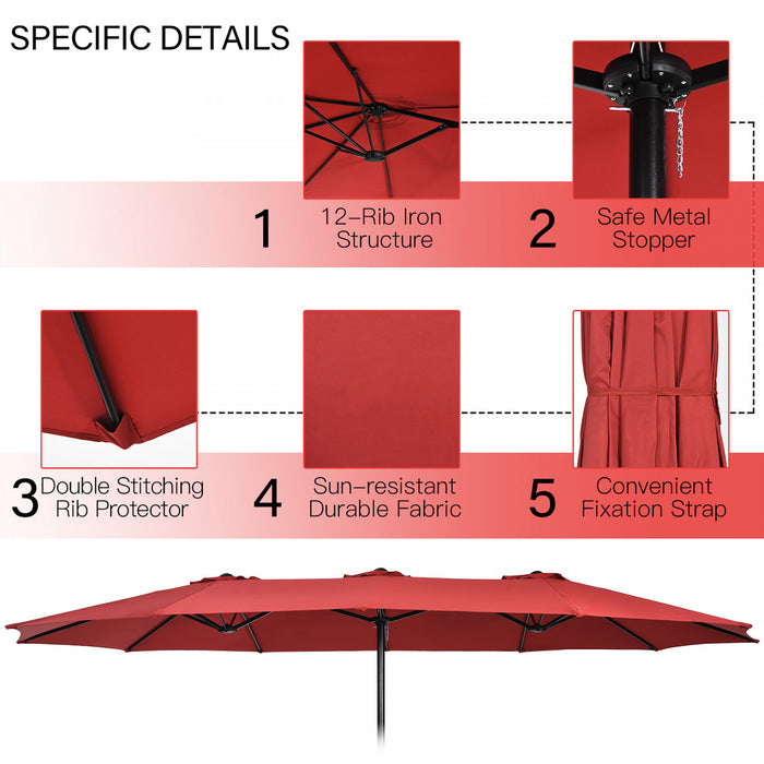 Costway 15FT Double-Sided Twin Patio Umbrella Outdoor Market W/ Crank & Base Wine