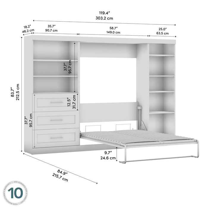 Bestar Pur Full Murphy Bed with Shelving and Drawers 120-Inch Wall Bed