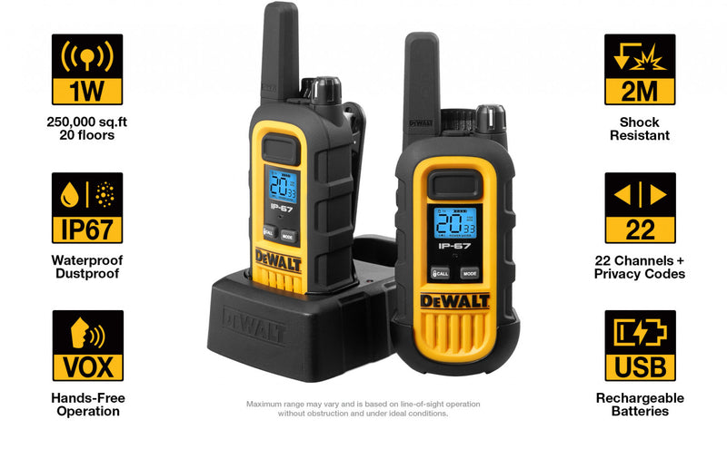 2 Dewalt Dxfrs300 Walkie Talkies - 1 Watt, Heavy Duty, 22 Channel Long Range Two Way Radios