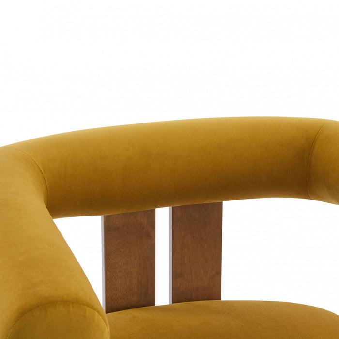 Crest Modern Upholstered Round Arm Accent Chair with Three-Leg Design, Mustard Yellow, Walnut