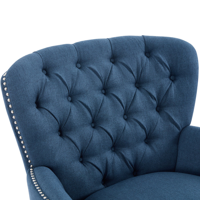 Arcadia Vintage-Inspired Lounge Chair with Nailhead Trim and Curved Backrest, Navy Blue