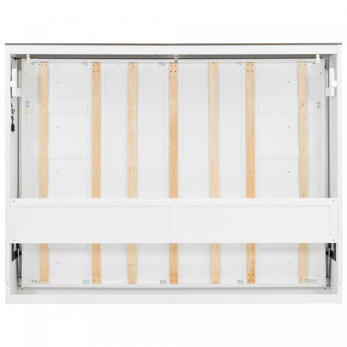 Olivia Solid Wood Murphy Bed with LED Light and Foldable Cabinet,Full Size,White Full Bed