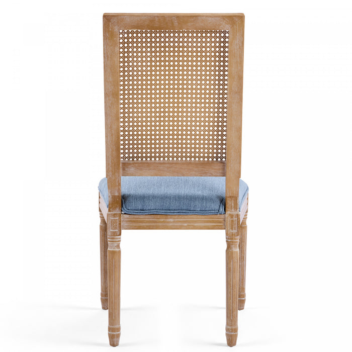 Oliver Solid Wood Rubberwood Dining Chair Set of 2 with Upholstered Seat Cane Backrest and Fluted Legs,Blue