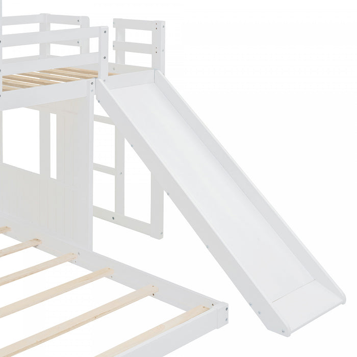 Marico Twin Over Solid Wood Full Bunk Bed With Slide, Playhouse Design, White