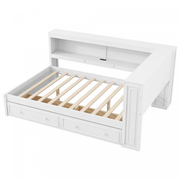 Arthur Full Size Wood Daybed with LED Light, USB Port and 2 Storage Drawers, White
