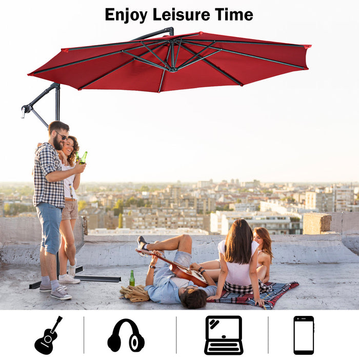 Costway 10' Hanging Umbrella Patio Sun Shade Offset Market W/ T Cross Base Burgundy