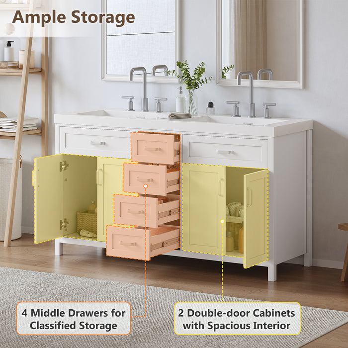 Dune 59 Inch Double Sink Bathroom Vanity with Resin Sinks and 4 Drawers, White