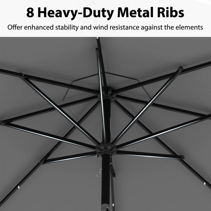 Costway 10 FT Solar Patio Umbrella with 24 LED Lights 8 Ribs & Tilt Adjustment Gray