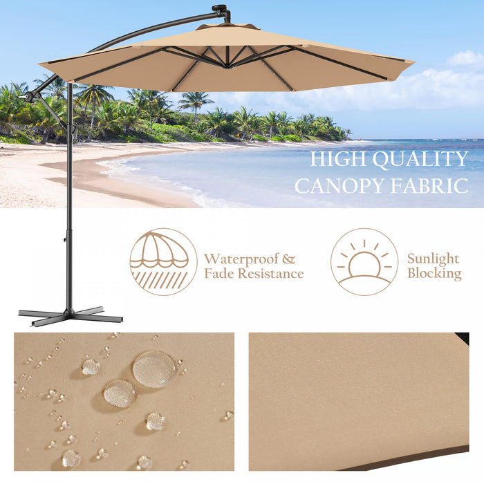 Costway 10' Hanging Solar LED Umbrella Patio Sun Shade Offset Market W/ Base Beige
