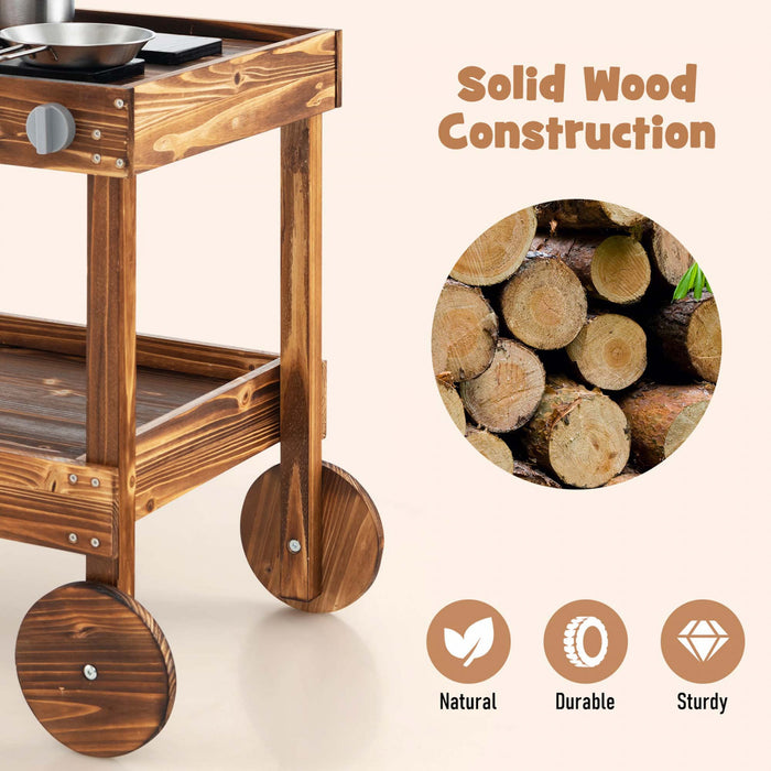 Costway Kids Wooden Mud Play Kitchen Cart With Sink, 4 Stoves & Storage Shelf Natural