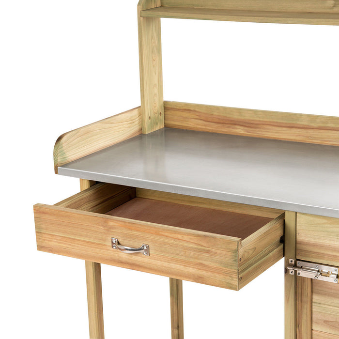 Costway Outdoor Potting Bench Garden Wooden Work Station Metal Tabletop Cabinet