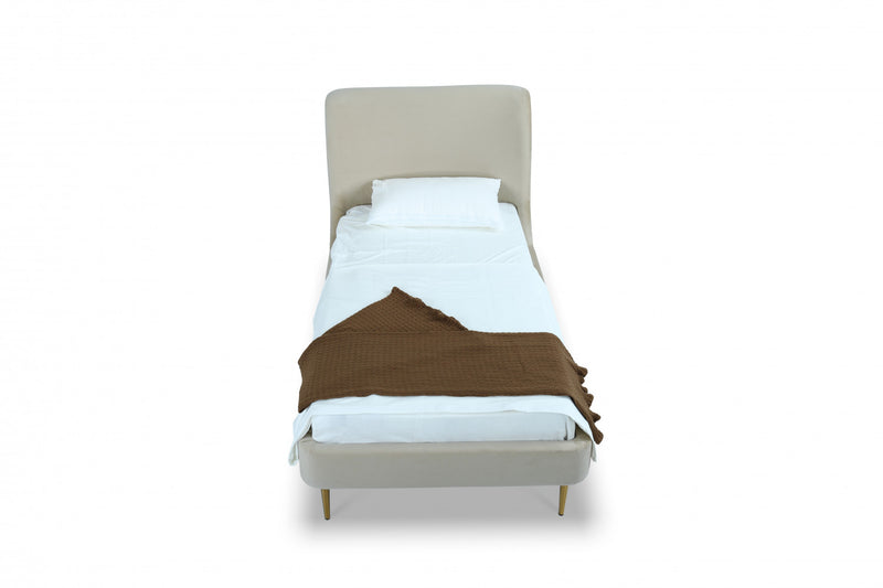 Heather Mid-Century Modern Velvet Upholstered Twin Bed in Cream and Gold