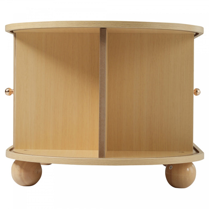 Ethan Oval Coffee Table with Sliding Doors and Hidden Storage,Natural Wood