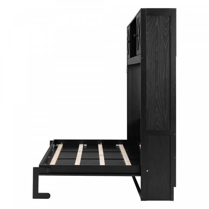 Ethan Solid Wood Murphy Bed with Storage Cabinets,Queen Size,Black Queen Bed