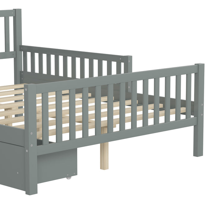 Emma Wood Platform Bed with Guardrails and Storage Drawers,Full Size - Grey