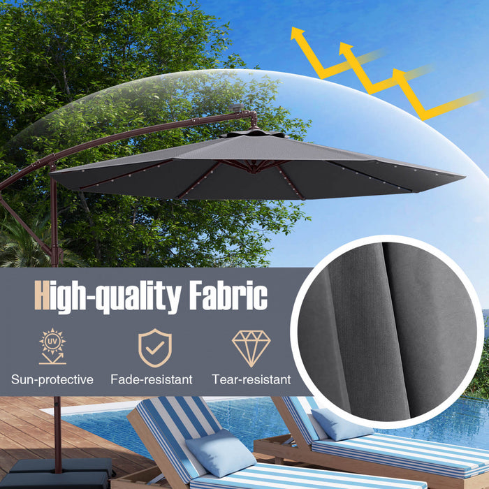 Costway Patio 10FT Hanging Offset Umbrella 32 LED Lights Sand Bag Outdoor Cross Base Dark Gray