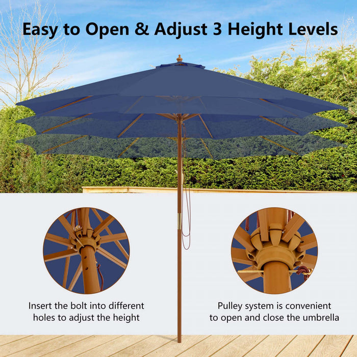 Costway 10FT Patio Wooden Market Table Umbrella Pulley with 8 Bamboo Ribs Sunshade Canopy Navy