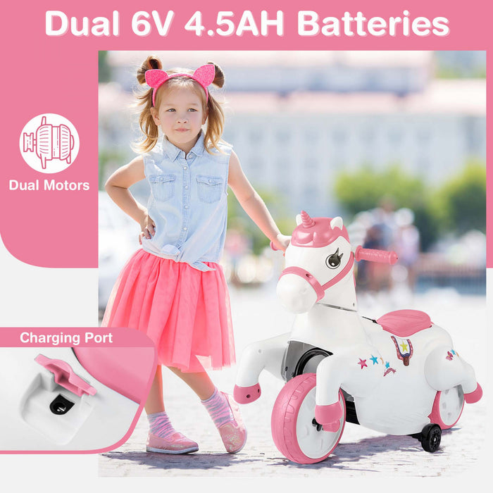 Costway 12v Kids Ride On Unicorn Toy With Training Wheels Music One-button Start Horse Toy Pink