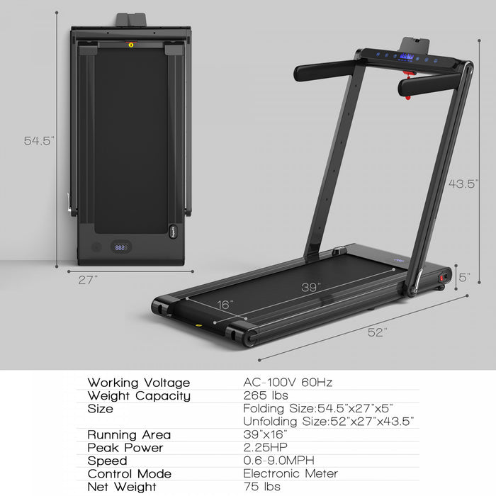 Costway 2-in-1 Folding Treadmill 2.25hp Jogging Machine W/ Dual Led Display Black