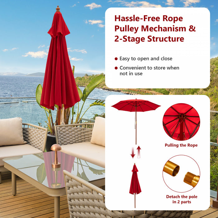 Costway 9.5 FT Patio Rope Pulley Wooden Umbrella Market w/Fiberglass Ribs Outdoor Red