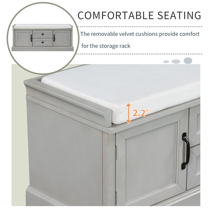 Boyce Solid Wood Storage Bench With 4-door Shoe Cabinet With Cushion -Grey 