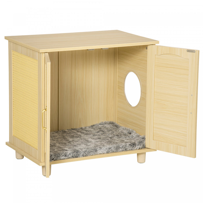 Pawhut Cat Litter Box Enclosure With Soft Cushion, Indoor Cat Washroom Storage Bench End Table With Pe Rattan Trim, Magnetic Doors, Easy Assembly, Oak