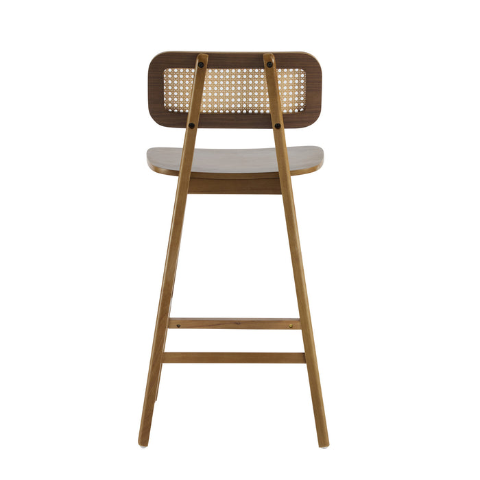 Bari Rubber Wood Counter Stool Set of 4 with Rattan Back and Footrest,Walnut