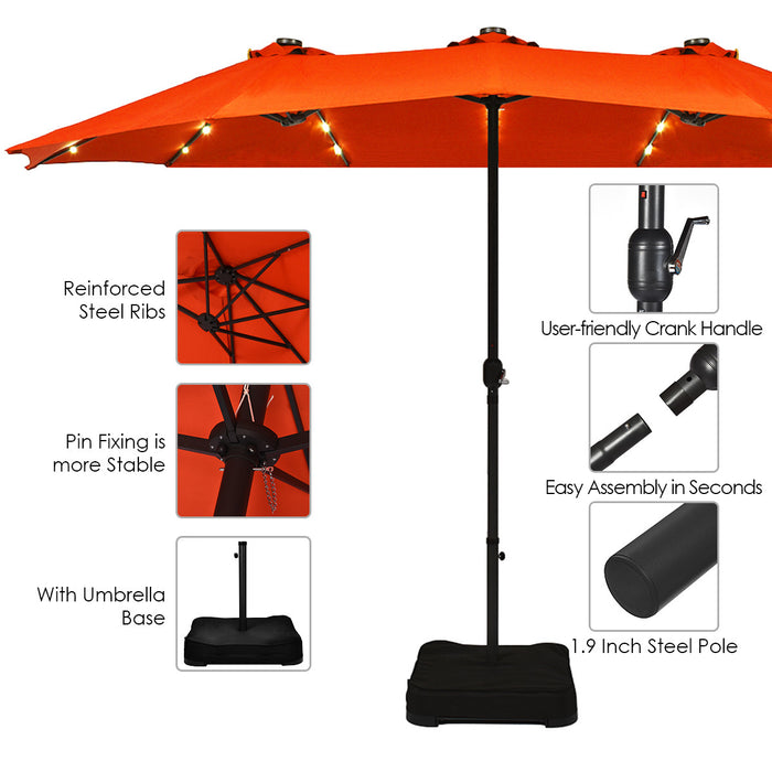 Costway 15Ft Patio Double-Sided Solar LED Market Umbrella Crank Base Orange