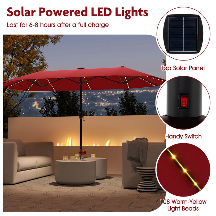 Costway 13 FT Large Patio Umbrella with LED Solar Lights Crank Handle 12 Heavy-Duty Ribs Wine