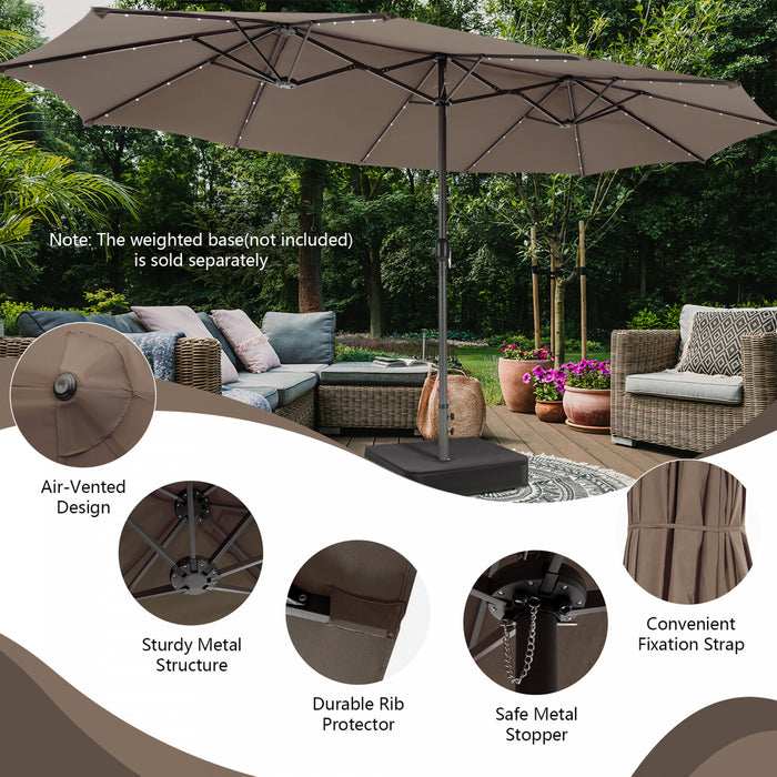 Costway 15FT Twin Patio Double-Sided Umbrella 48 Solar LED Lights Crank Outdoor Coffee