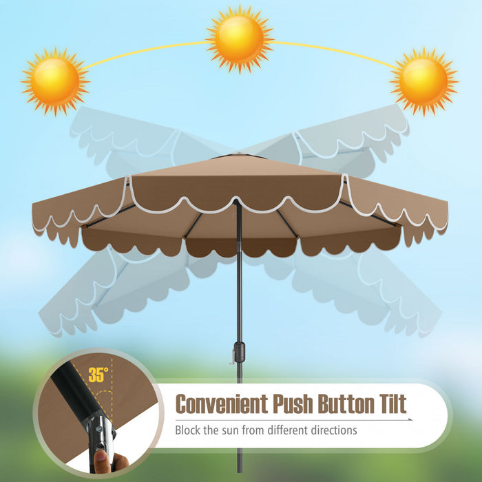 Costway 10 FT Patio Umbrella with Crank Tilt Adjustment Ruffles Vented Top 8 Ribs Brown