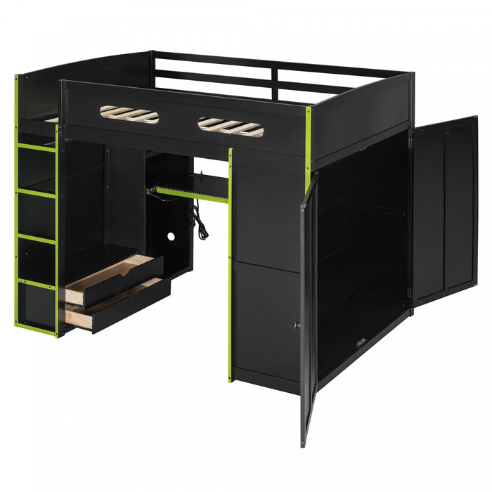 Jerry Wood Loft Bed with Desk and Storage,Full Size,Green Full Bed