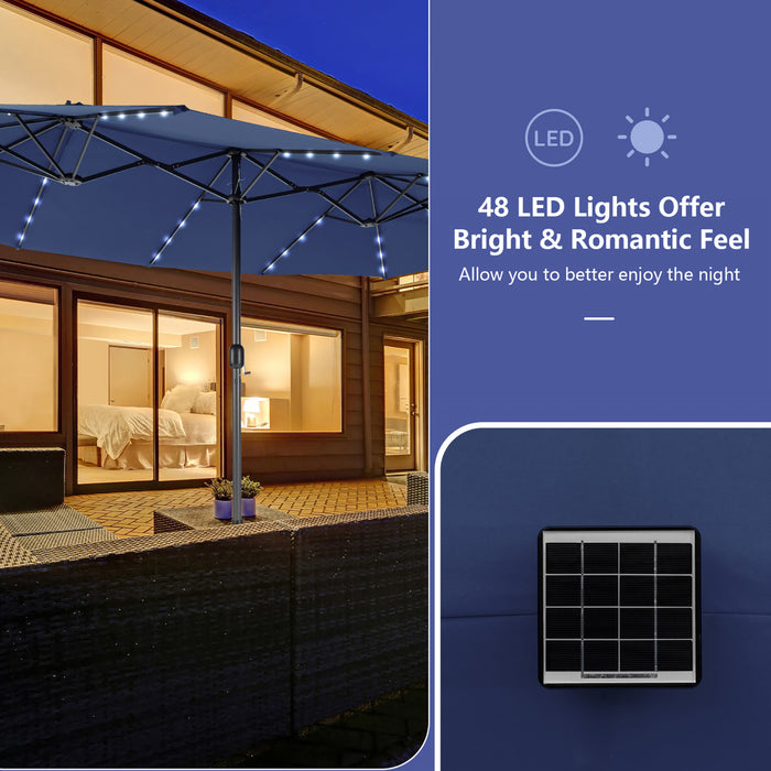 Costway 15FT Twin Patio Double-Sided Umbrella 48 Solar LED Lights Crank Outdoor Navy