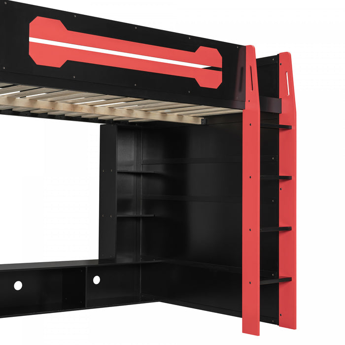 Olivia Wood Loft Bed with Desk and Multi-storage Shelves,RGB Light,Red Full Bed