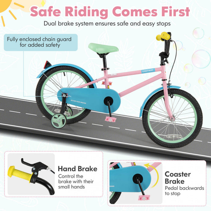 Costway 18\" Kids Bike With Adjustable Saddle Handlebar Removable Training Wheels Handbrake Pink