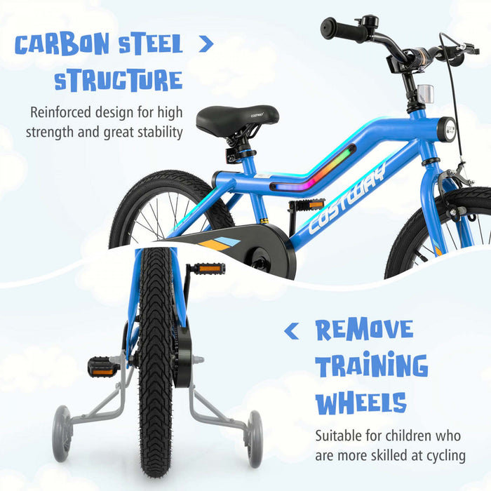 Costway 18\" Led Lighted Kids Bike With Adjustable Seat Coaster Brake Training Wheels Blue