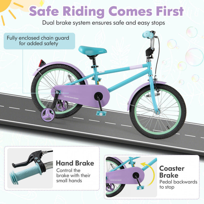 Costway 18\" Kids Bike With Adjustable Saddle Handlebar Removable Training Wheels Handbrake Blue