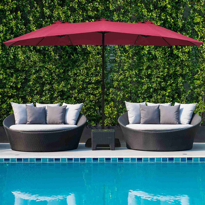 Costway 15Ft Patio Double-Sided Solar LED Market Umbrella Crank Base Burgundy