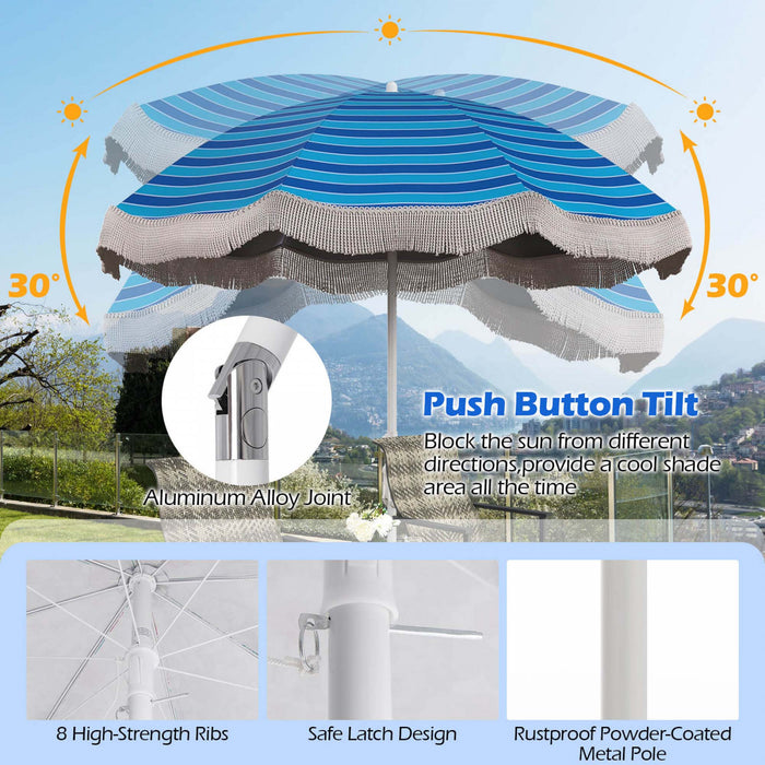 Goplus 6.5 FT Outdoor Fringe Patio Umbrella with Carrying Bag Push Button Tilt for Garden Navy
