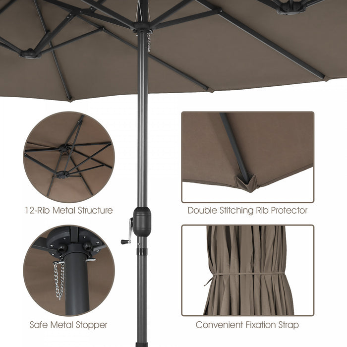 Costway 15FT Double-Sided Twin Patio Umbrella Sun Shade Outdoor Crank Market Base Coffee
