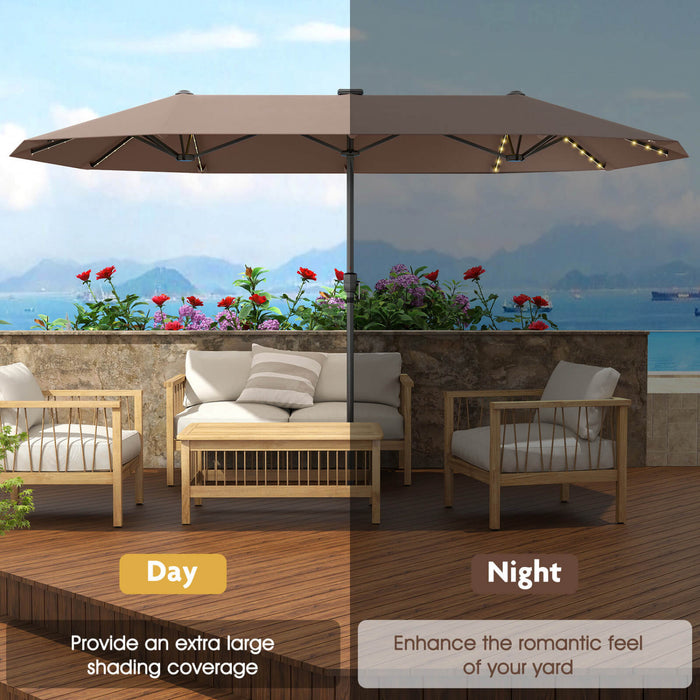 Costway 13 FT Large Patio Umbrella with LED Solar Lights Crank Handle 12 Heavy-Duty Ribs Brown