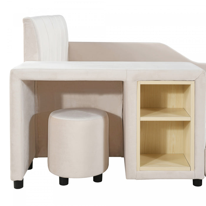 Lily Velvet Upholstered Grounded Bed with Desk and Stool,Full Size,Beige Full Bed