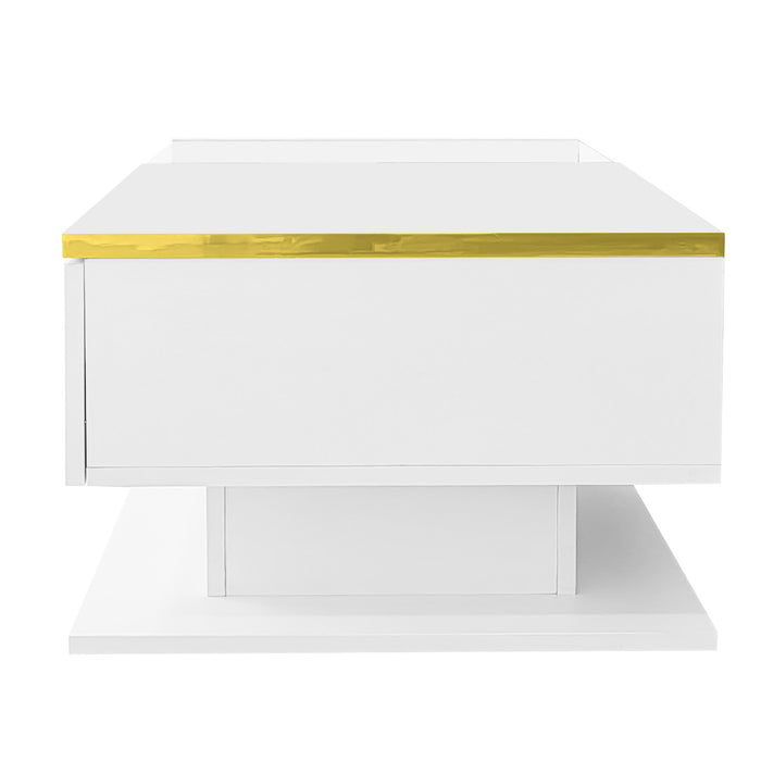 Ethan High-Gloss 35.4\" Long Coffee Table with Glass and LED Effect,White