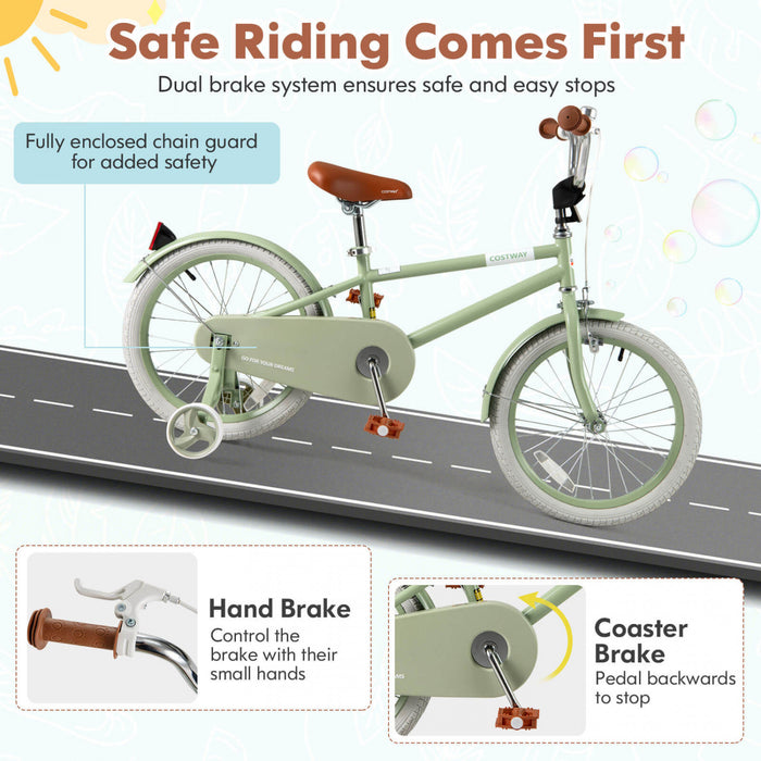 Costway 18\" Kids Bike With Adjustable Saddle Handlebar Removable Training Wheels Handbrake Green