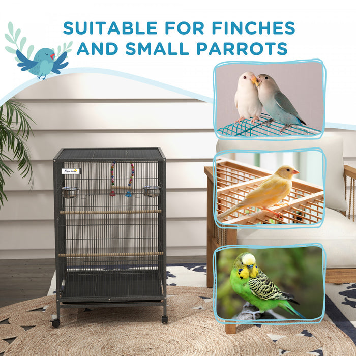 Pawhut 29\" Bird Cage With Rolling Stand For Parrots, Love Birds, And Finches, Large Bird Cage With Colourful Swing, Stainless Steel Bowls, Removable Tray - Grey