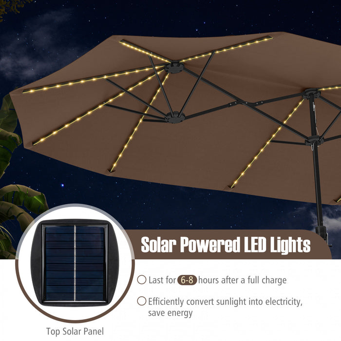 Costway 15.5 FT Extra-Large Patio Umbrella with LED Solar Lights & 12 Heavy-Duty Ribs Brown