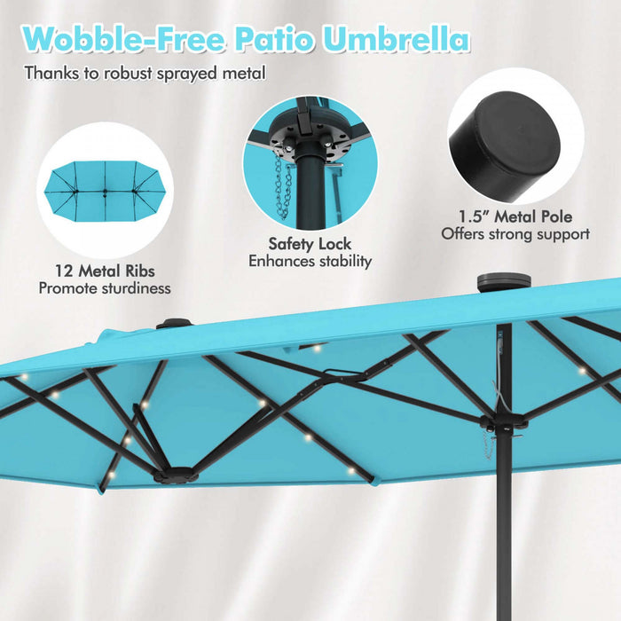 Costway 13FT Double-sided Patio Umbrella with Solar Lights Crank Handle Umbrella Base Turquoise