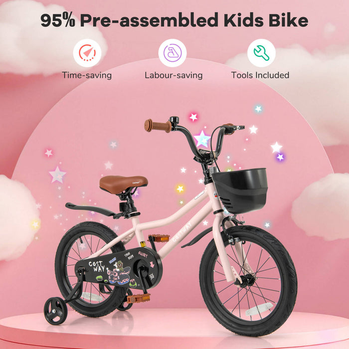 Costway 16\" Kid's Bike With Training Wheels Adjustable Handlebar & Seat Handbrake Pink