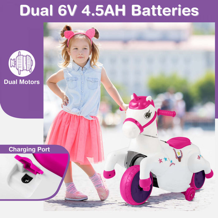 Costway 12v Kids Ride On Unicorn Toy With Training Wheels Music One-button Start Horse Toy Red