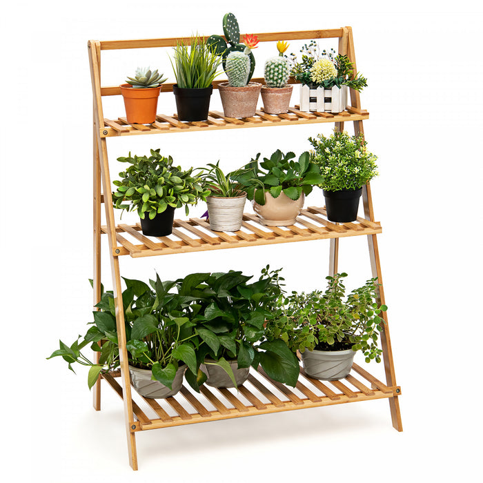 Costway 3 Tier Bamboo Flower Pot Shelf Stand Folding Display Rack Garden Yard